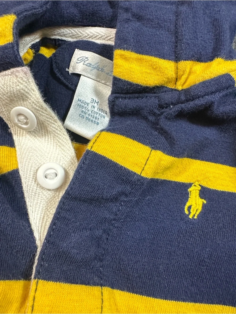 Ralph Lauren Baby Romper One-Piece Hooded Rugby Navy Yellow Stripe Size 3 Months